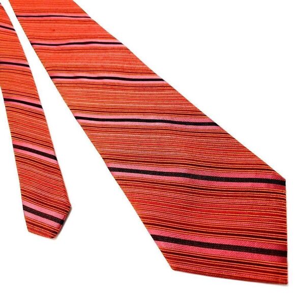 Zianetti‎ Orange Silk Tie Woven Short Wide Striped - Picture 1 of 6